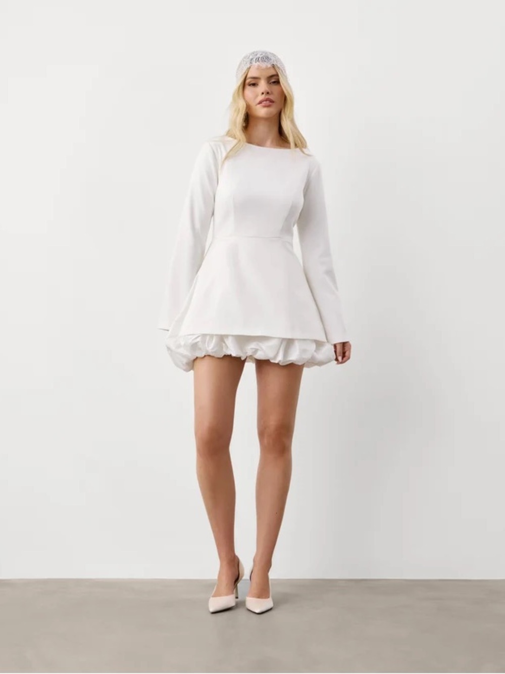 Split Sleeve Bubble Hem Mini Dress - White